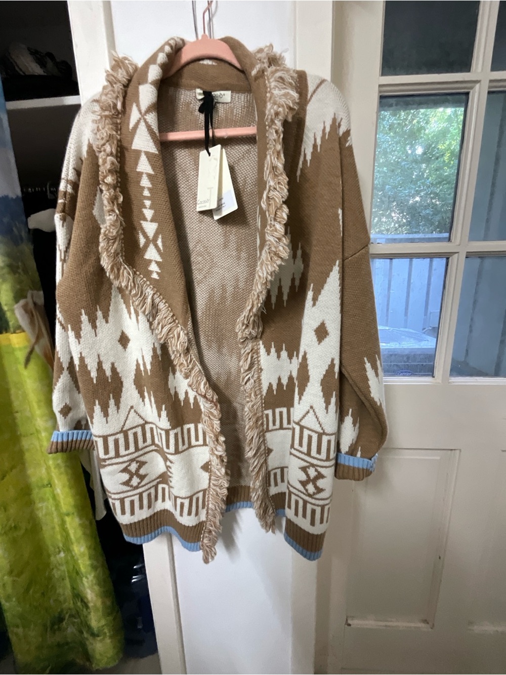 Fringed Open-Front Aztec Cardigan Sweater in Brown and Cream